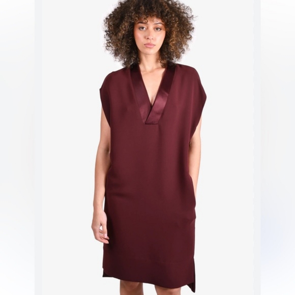 Vince Dresses & Skirts - Vince Deep Burgundy Satin Trim V-neck Dress** Sz S/P